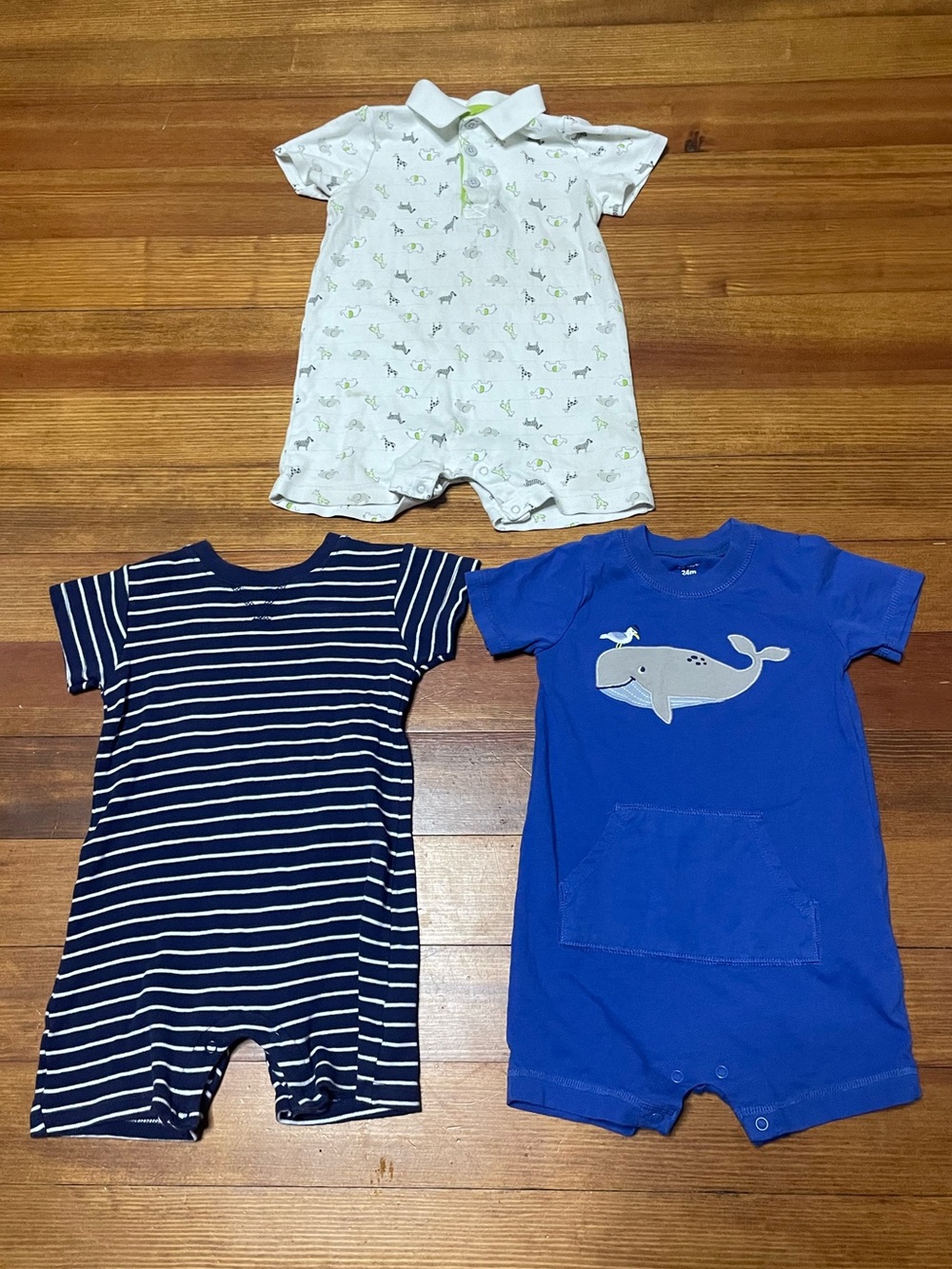 Kids Short Sleeve Cotton One-Piece Rompers - Navy Stripe, Royal Blue & White